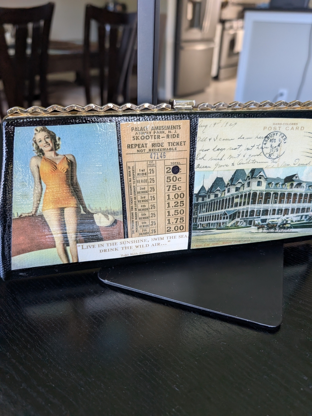 Vintage Postcard Print Clutch Wallet - Orange/Black